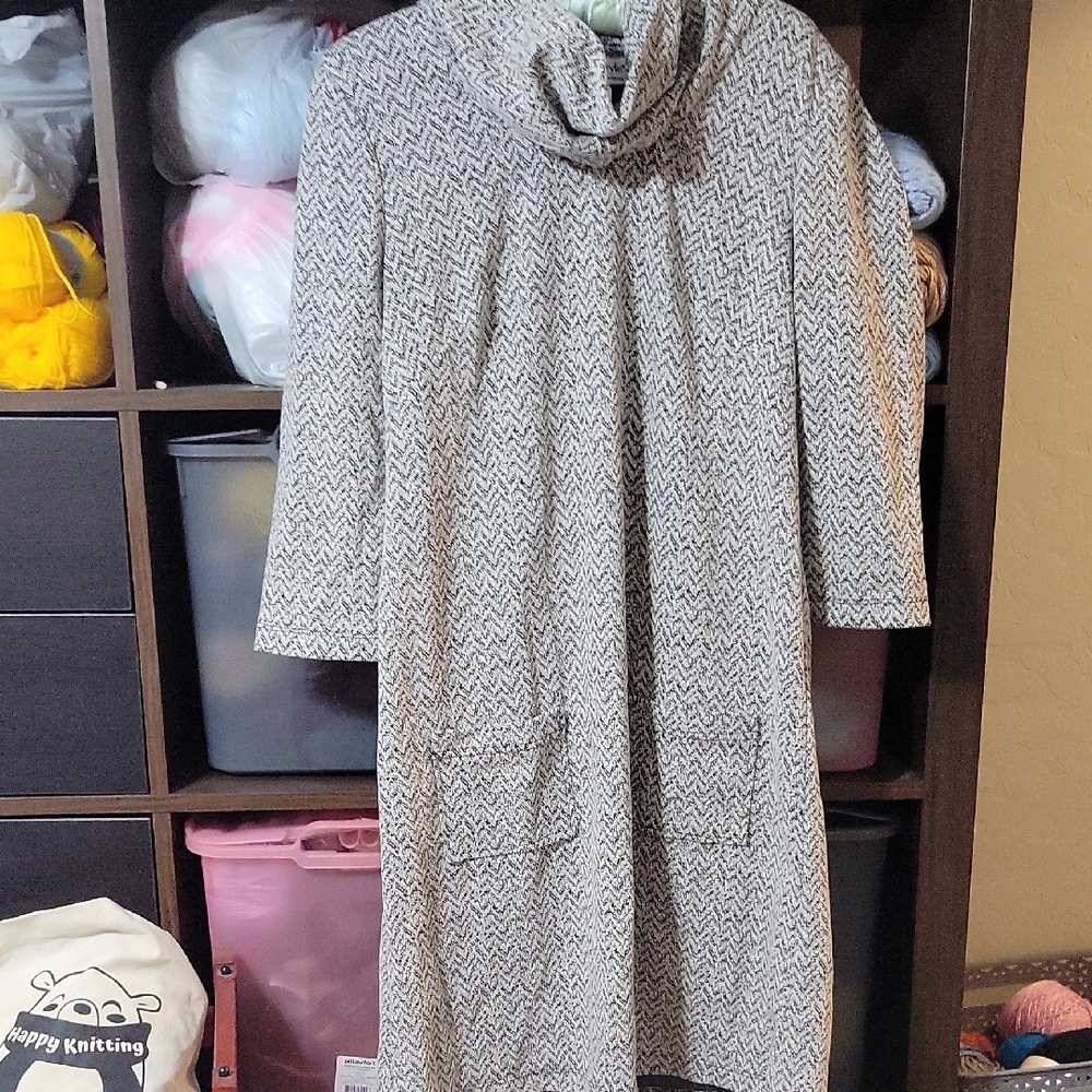Funnel Neck Herringbone Patterned A-line Dress.